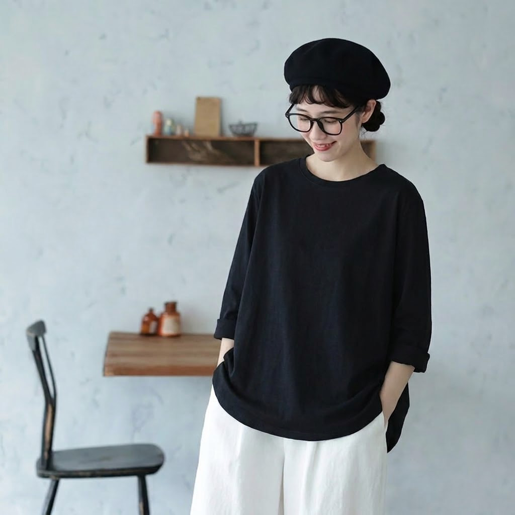 M-4XL ラウンドネック オーバーシルエット 長袖 Ｔシャツ 4XL ブラック