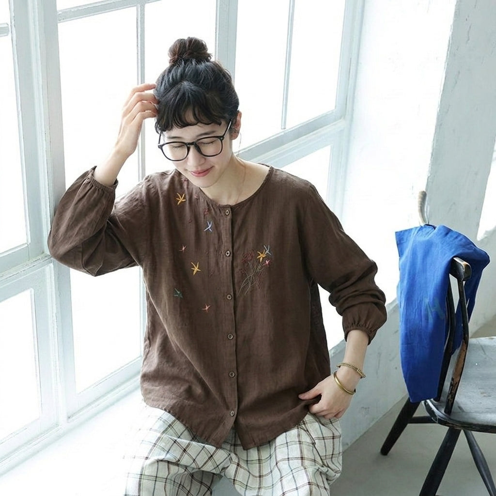 M-2XL 刺繍 通気性良い ナチュラル シンプル 耐久性 長袖トップス 2XL コーヒー