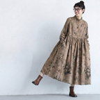 M-2XL  秋のお出かけに 花柄コーデュロイワンピース M ネービー