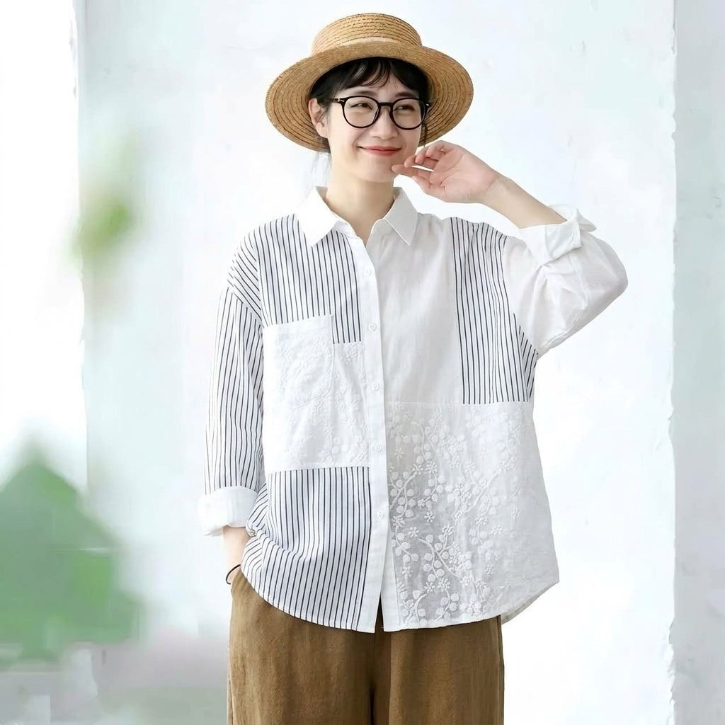 M-2XL さりげない華やぎのボーダーレ ースブラウス 2XL ホワイト