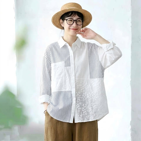 M-2XL さりげない華やぎのボーダーレ ースブラウス 2XL ホワイト