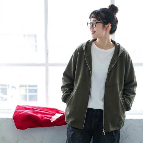 L-5XL パーカー襟 前開きポケット付き ゆったりシルエット 長袖ジャケット 5XL ダークグリーン