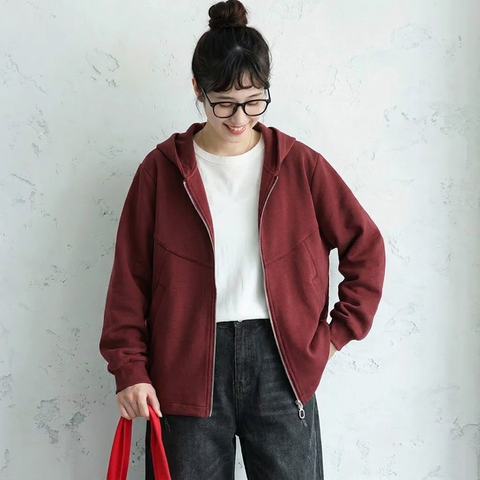 L-5XL パーカー襟 前開きポケット付き ゆったりシルエット 長袖ジャケット 5XL レッド