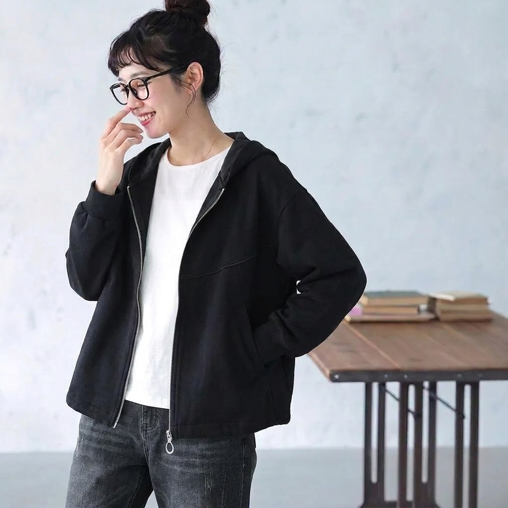 L-5XL パーカー襟 前開きポケット付き ゆったりシルエット 長袖ジャケット 5XL ブラック