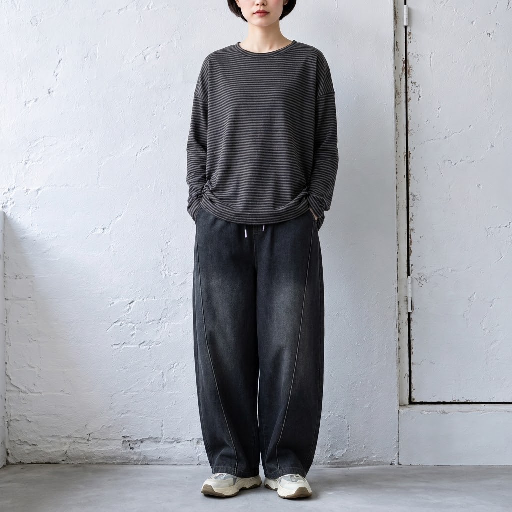 M-2XL ウエストドローコード 切り替えデザイン ワイドシルエット デニムパンツ M ブラック