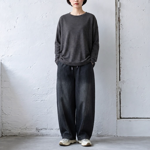 M-2XL ウエストドローコード 切り替えデザイン ワイドシルエット デニムパンツ M ブラック