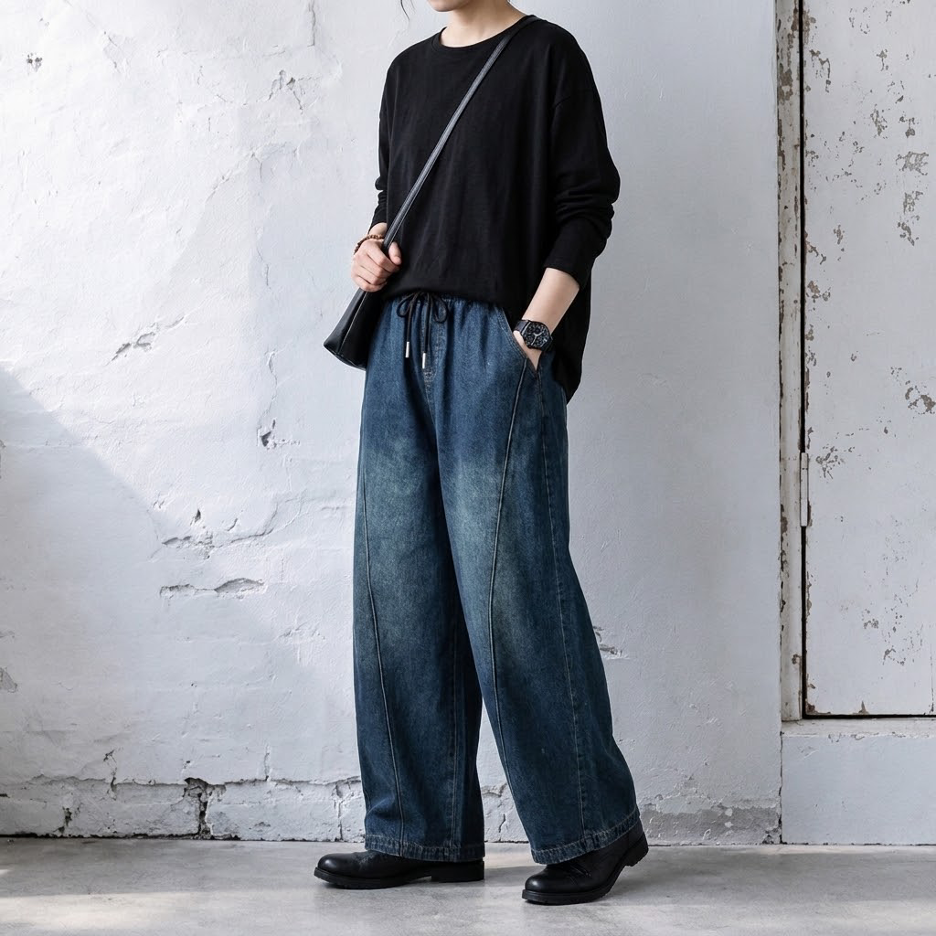 M-2XL ウエストドローコード 切り替えデザイン ワイドシルエット デニムパンツ M ブラック