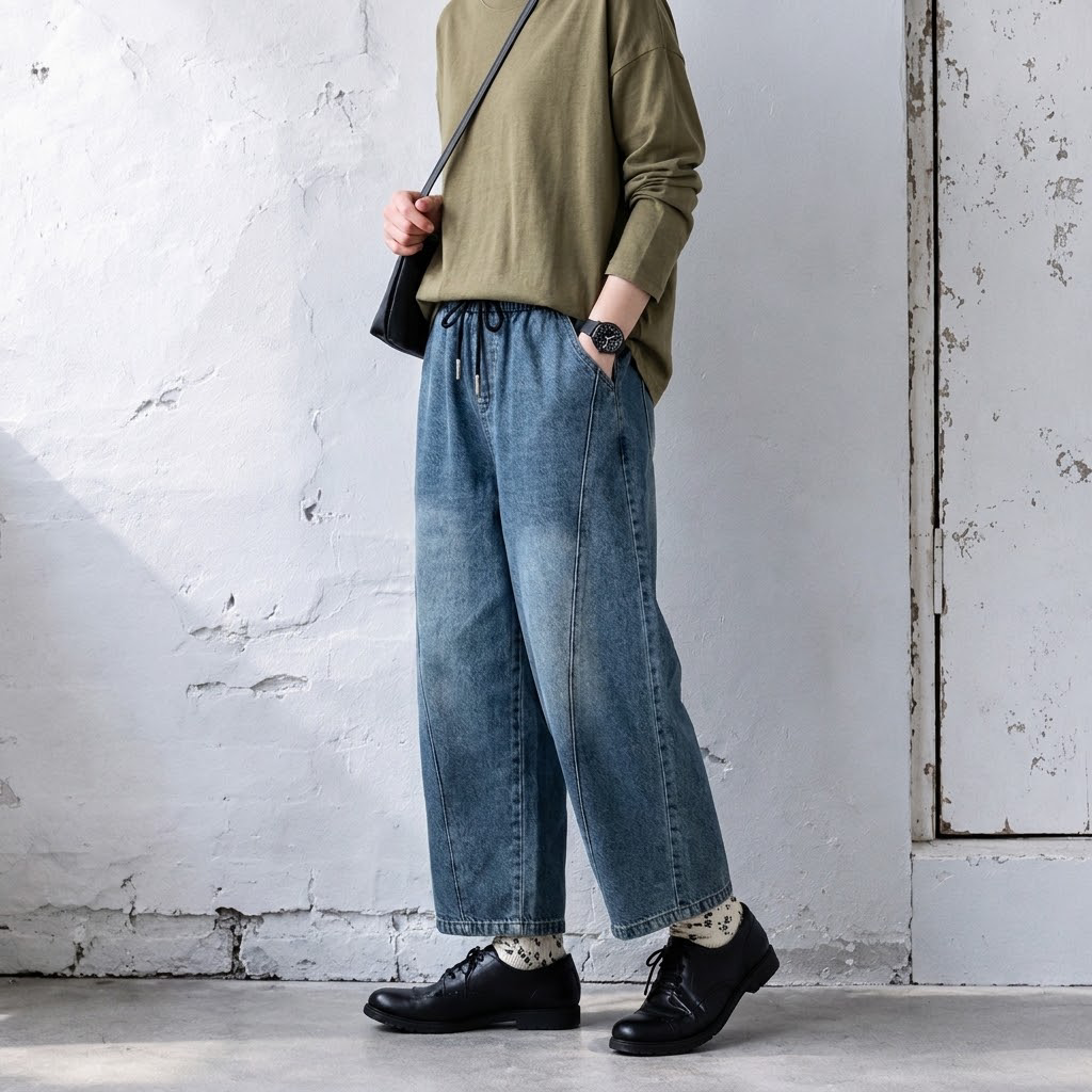 M-2XL ウエストドローコード 切り替えデザイン ワイドシルエット デニムパンツ 2XL ライトブルー