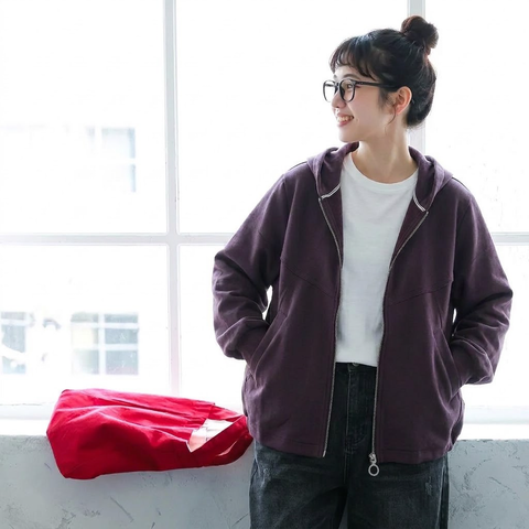 L-5XL パーカー襟 前開きポケット付き ゆったりシルエット 長袖ジャケット 5XL パープルブラウン