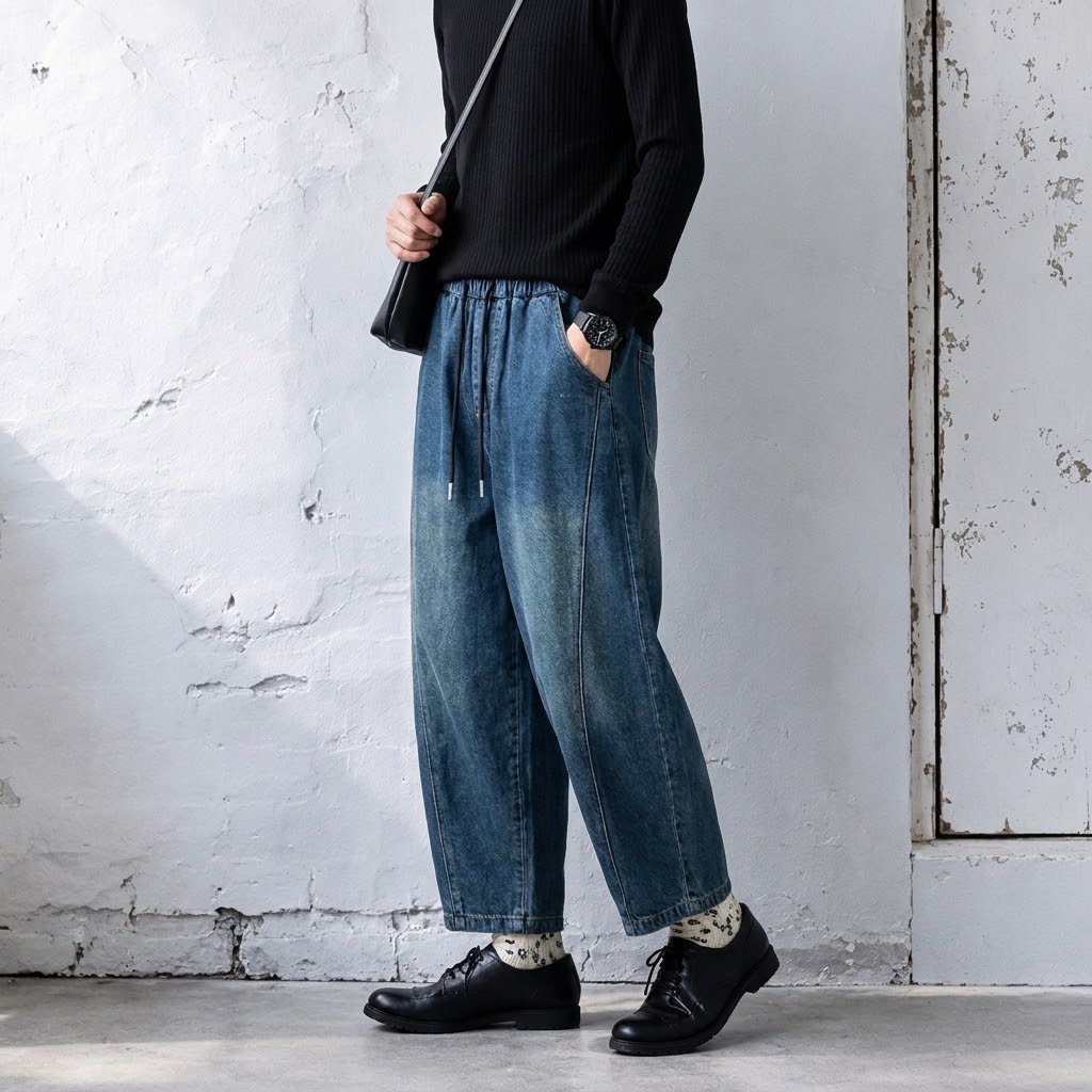 M-2XL ウエストドローコード 切り替えデザイン ワイドシルエット デニムパンツ 2XL ダークブルー