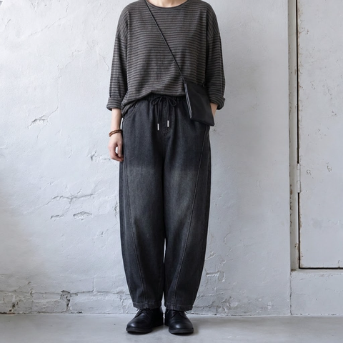 M-2XL ウエストドローコード 切り替えデザイン ワイドシルエット デニムパンツ 2XL ブラック