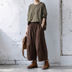 M-2XL ウエストゴム ドローコード 切り替えデザイン 九分丈 ワイドパンツ M ブラック