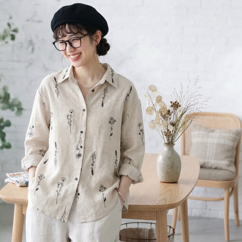 M-2XL 大人可愛い 花模様 刺繍 植物 長袖 シャツ袖  シャツ M 写真通り