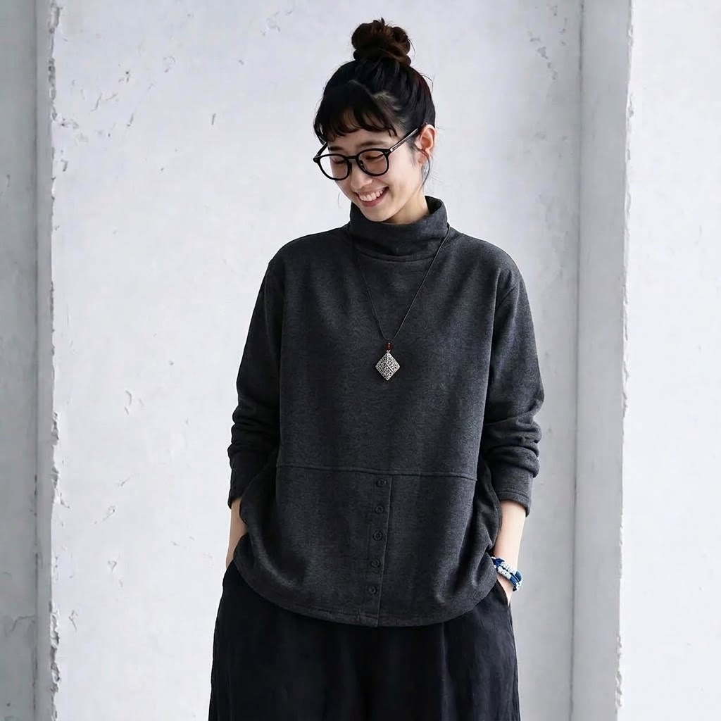 L-5XL ハーフネック バックボタン ルーズ レトロ 長袖 Ｔシャツ L コーヒー