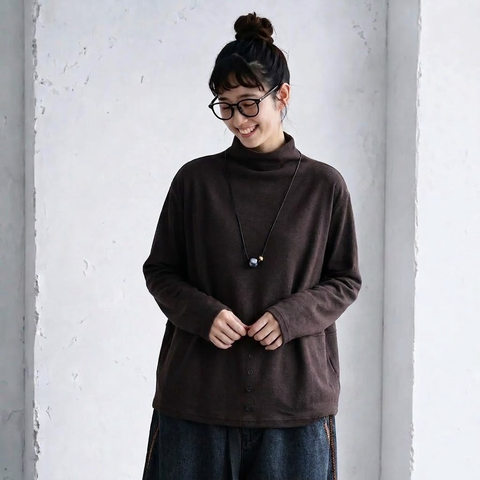 L-5XL ハーフネック バックボタン ルーズ レトロ 長袖 Ｔシャツ L コーヒー
