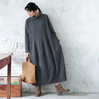 M-2XL 無地 ポケット付き ビックシルエッ シンプル 長袖ワンピース 2XL グレー