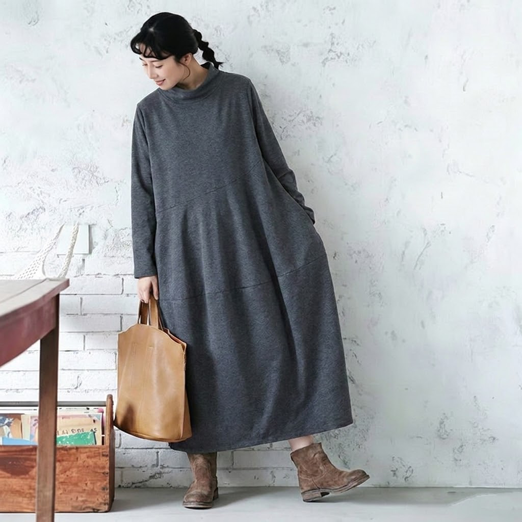 M-2XL 無地 ポケット付き ビックシルエッ シンプル 長袖ワンピース 2XL グレー
