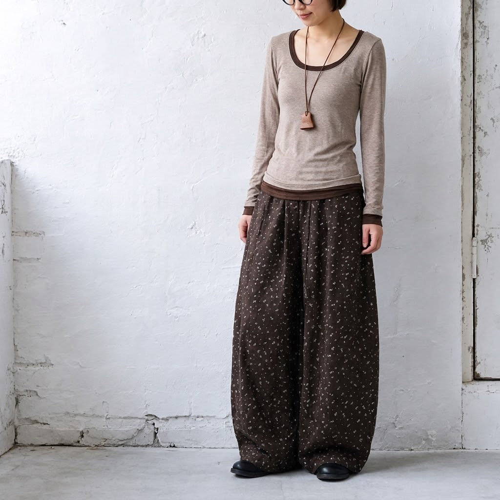 S-2XL 新商品＆再入荷 花柄  ポケット付き ガウチョパンツ 2XL ブラウン (レギュラー丈)