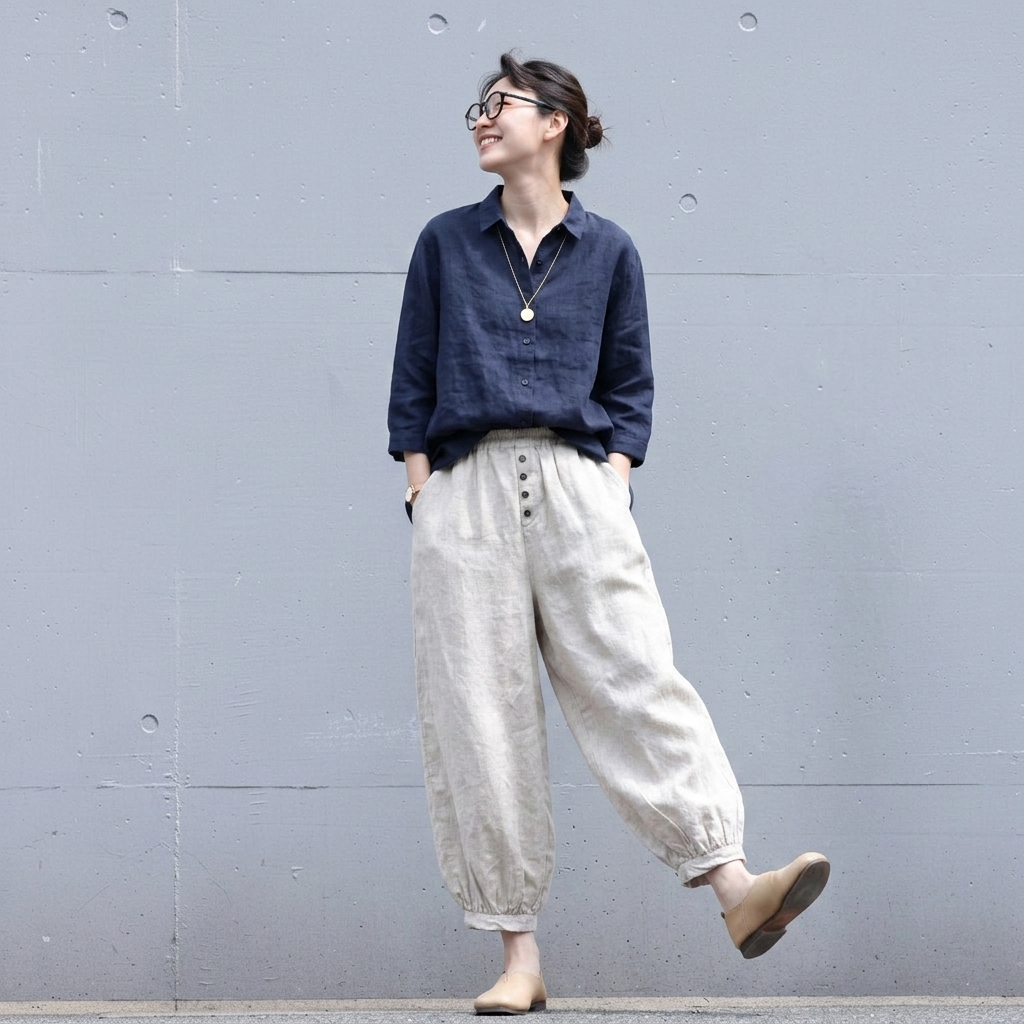 M-3XL 綿麻 ボタンデザイン タマネギパンツ ベーシック カジュアルパンツ M アイボリー
