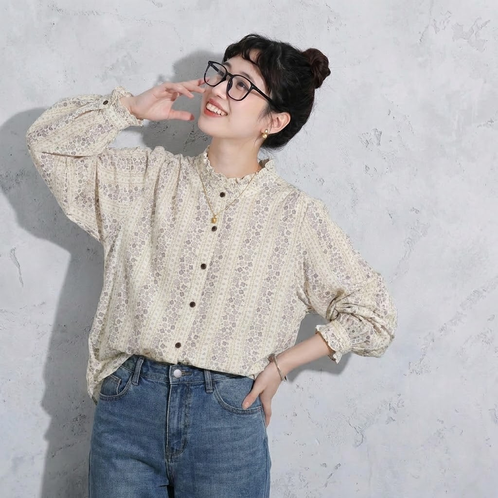 M-XL 新作発売！ ボタン フリル 長袖 花柄 コットン  シャツ M アイボリー