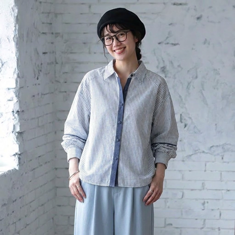 【コットン】M-2XL 長袖 可愛くて繊細な ストライプ柄 配色 カジュアル シャツ M 写真通り
