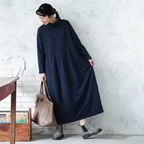 M-2XL 無地 ポケット付き ビックシルエッ シンプル 長袖ワンピース 2XL ダークブルー
