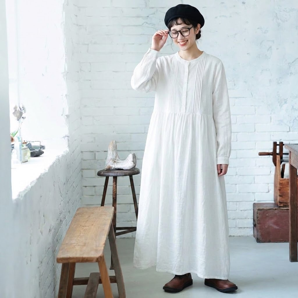 フリーサイズ レトロ ハーフオープン ゆったり きれいめ ロングワンピース フリー グリーン