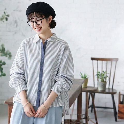 【コットン】M-2XL 長袖 可愛くて繊細な ストライプ柄 配色 カジュアル シャツ M 写真通り