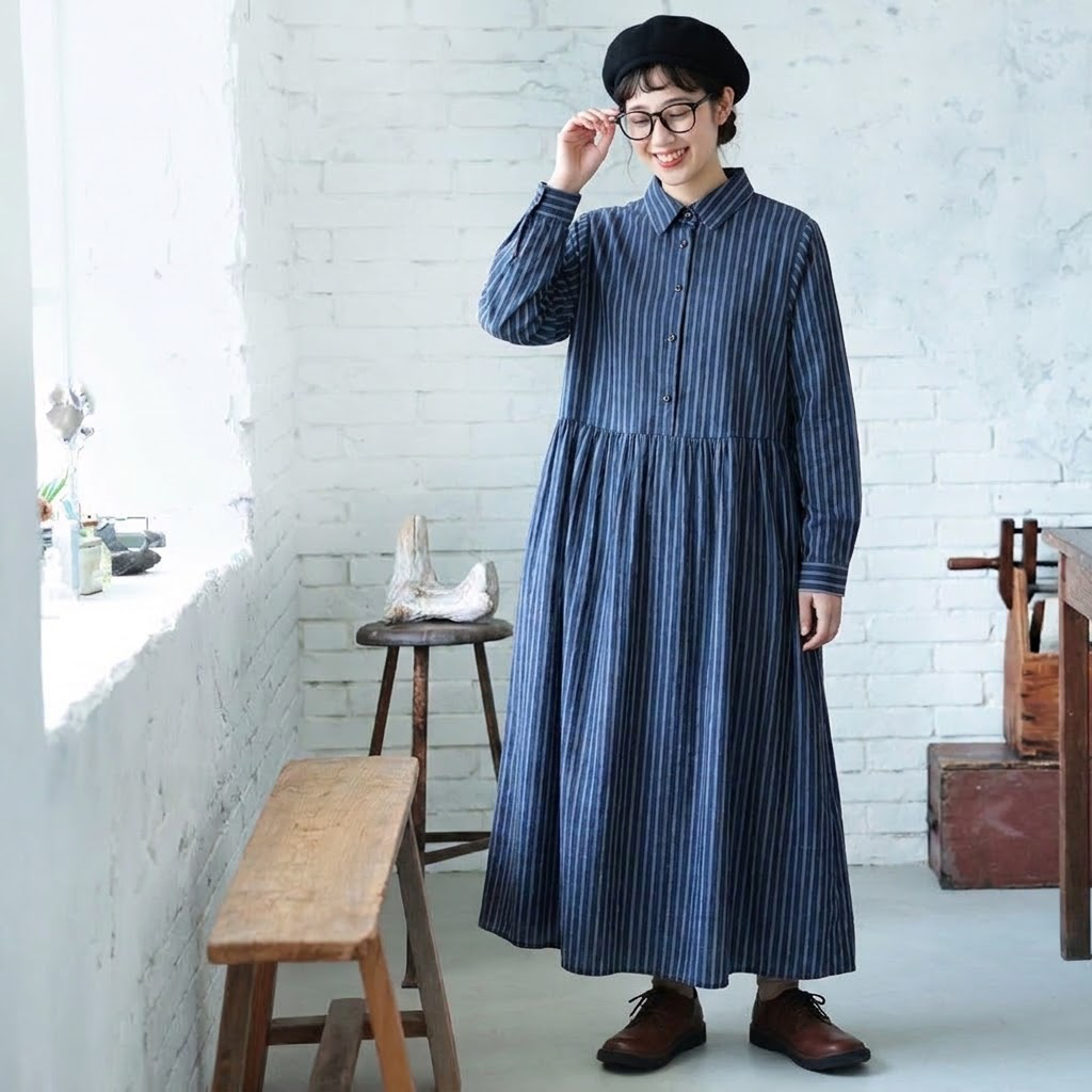 M-2XL ストライプ柄 エーライン シーズン移行向け 長袖 ワンピース M ブルー