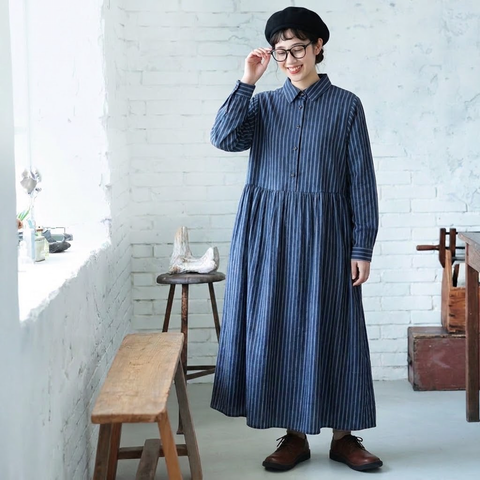 M-2XL ストライプ柄 エーライン シーズン移行向け 長袖 ワンピース M ブルー