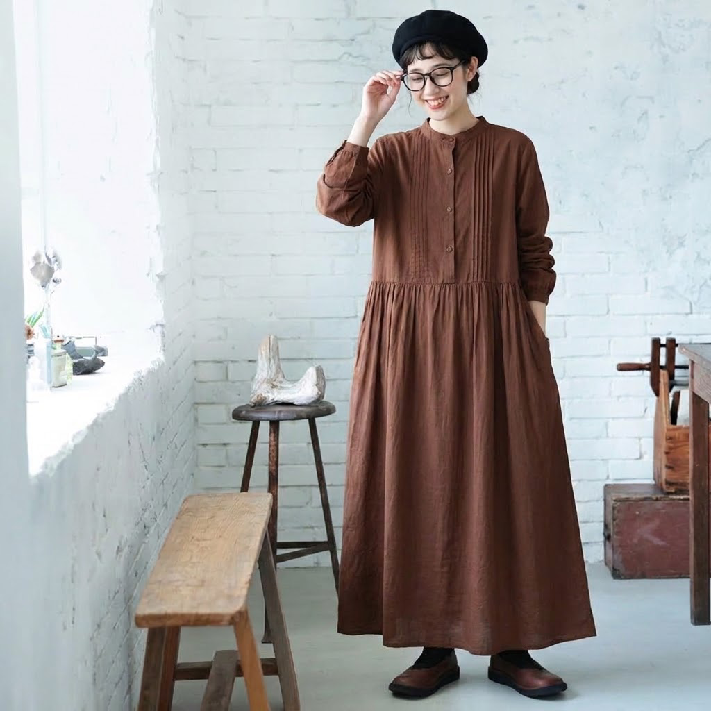 フリーサイズ レトロ ハーフオープン ゆったり きれいめ ロングワンピース フリー コーヒー