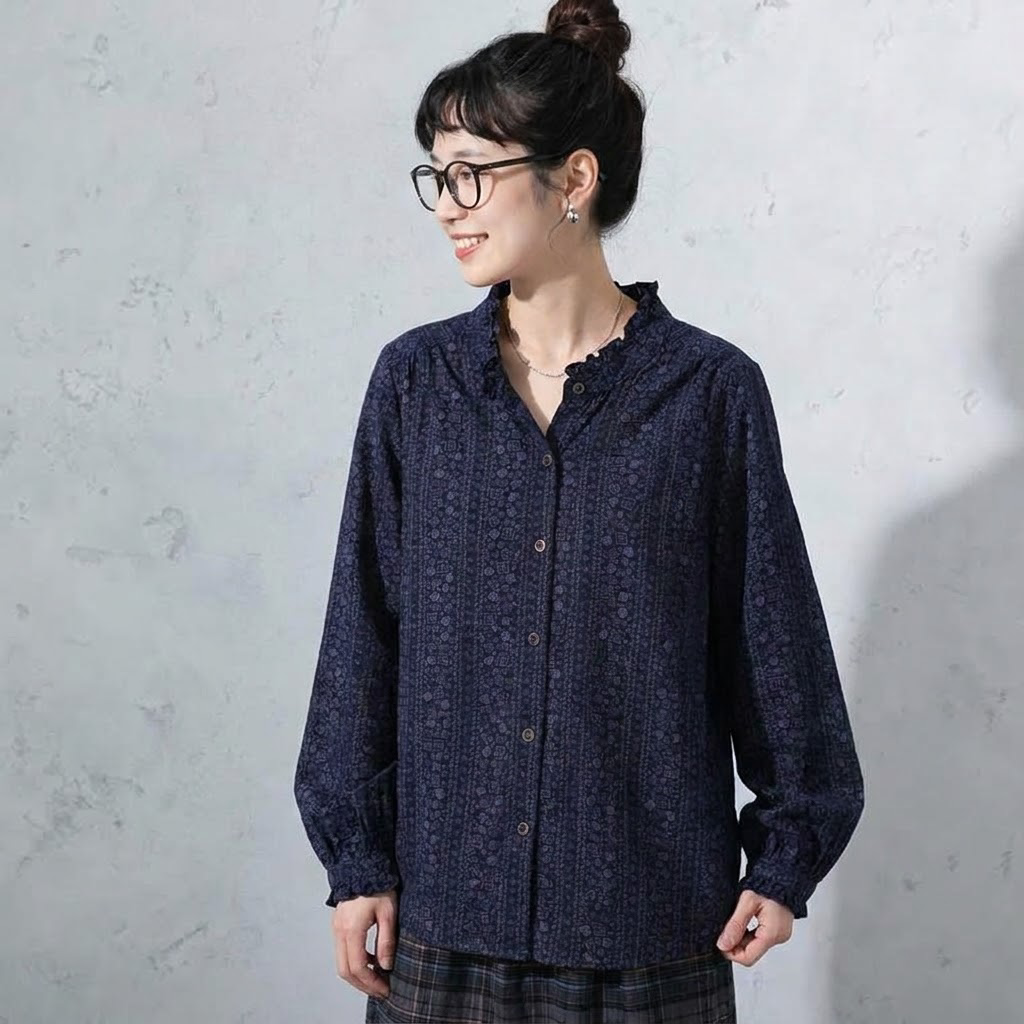 M-XL 新作発売！ ボタン フリル 長袖 花柄 コットン  シャツ XL ネイビー