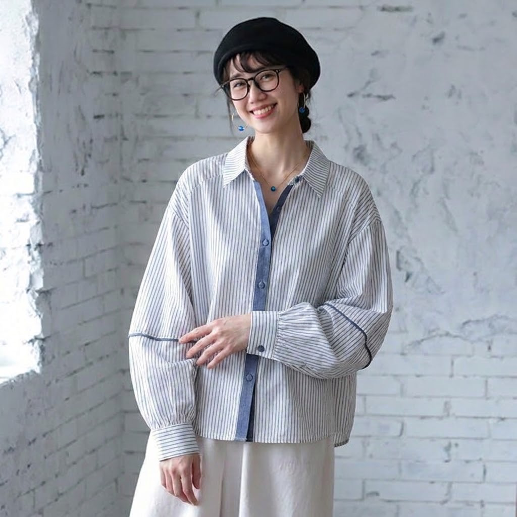 【コットン】M-2XL 長袖 可愛くて繊細な ストライプ柄 配色 カジュアル シャツ M 写真通り
