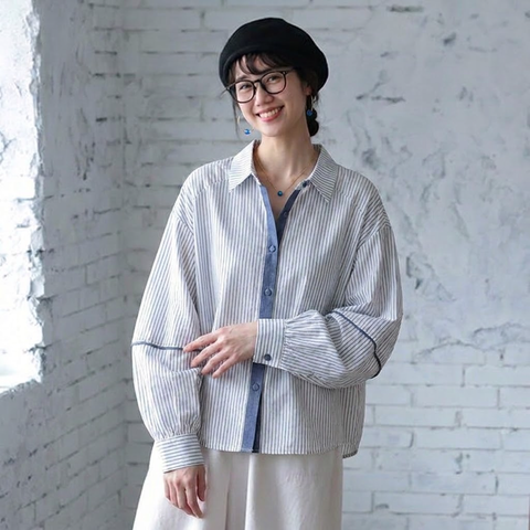 【コットン】M-2XL 長袖 可愛くて繊細な ストライプ柄 配色 カジュアル シャツ M 写真通り