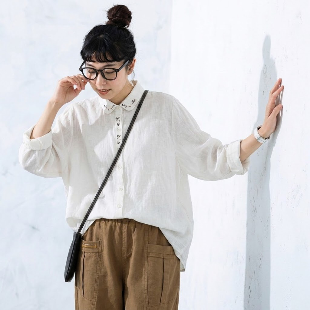M-2XL 刺繍 秋向き 長袖 シャツ M ホワイト