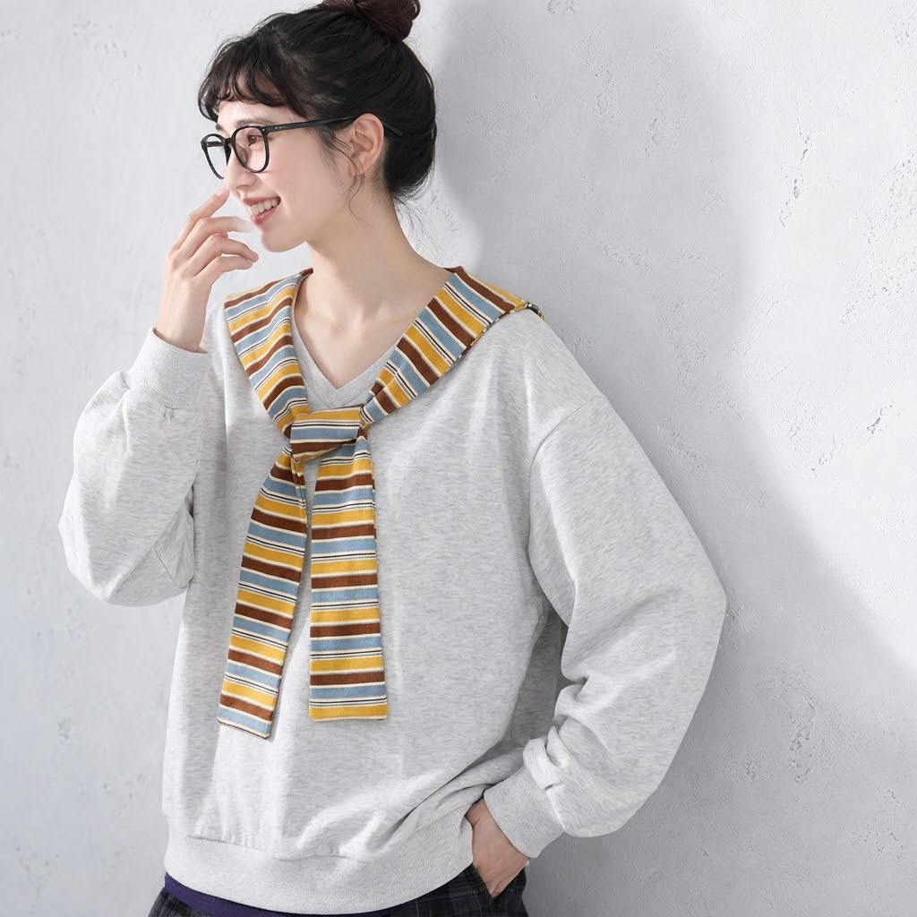 M-3XL  配色 長袖 清楚見え セーラー襟 甘めな印象 Tシャツ M 写真通り