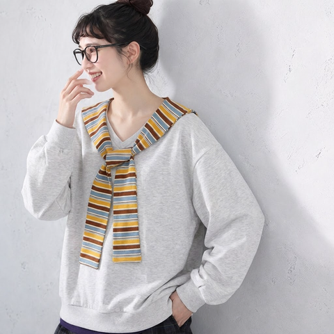 M-3XL  配色 長袖 清楚見え セーラー襟 甘めな印象 Tシャツ M 写真通り