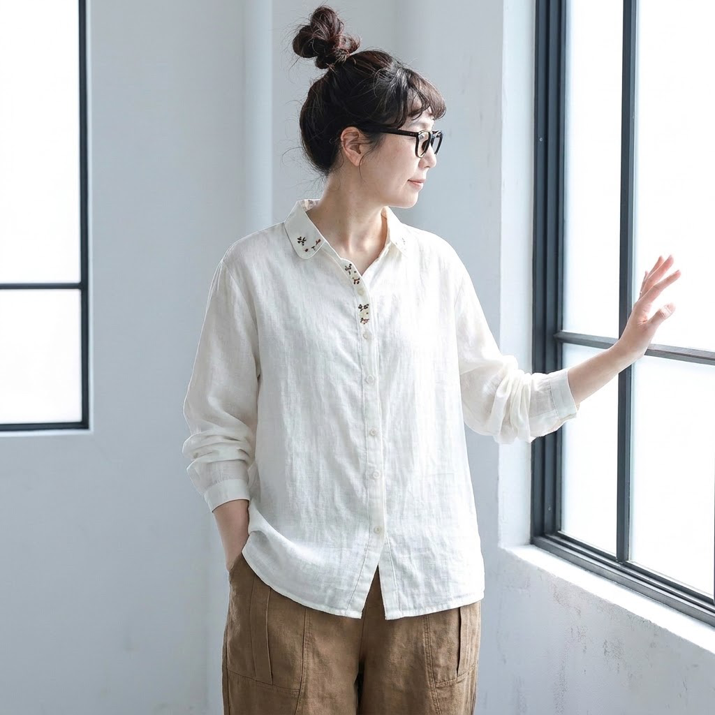 M-2XL 刺繍 秋向き 長袖 シャツ M ホワイト