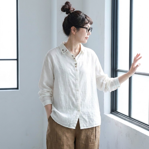 M-2XL 刺繍 秋向き 長袖 シャツ M ホワイト