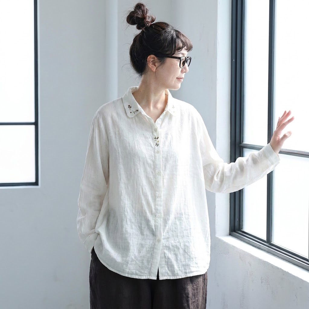 M-2XL 刺繍 秋向き 長袖 シャツ 2XL ホワイト