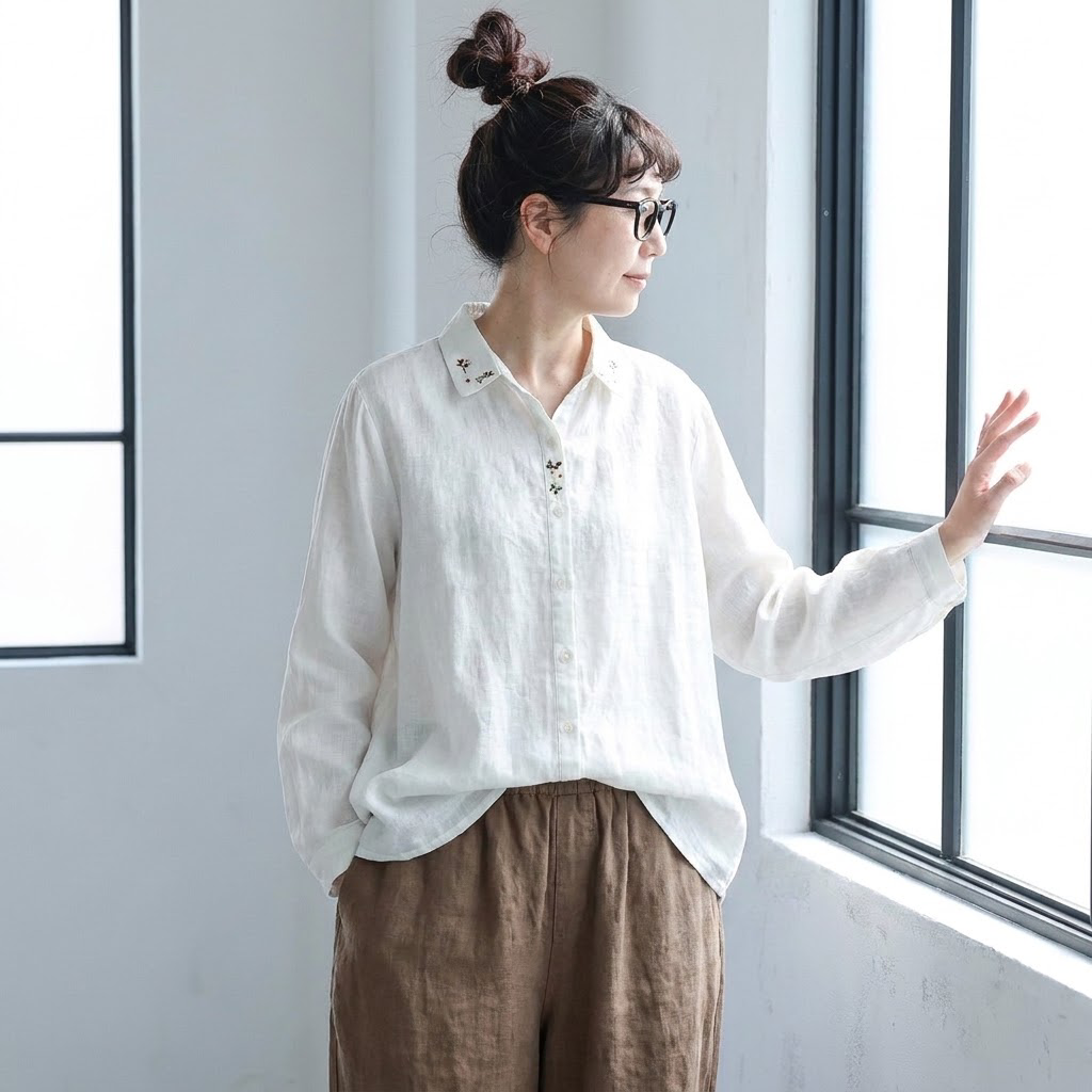 M-2XL 刺繍 秋向き 長袖 シャツ M ホワイト