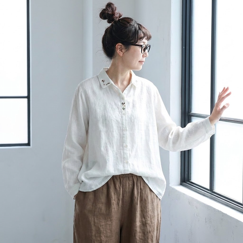 M-2XL 刺繍 秋向き 長袖 シャツ M ホワイト