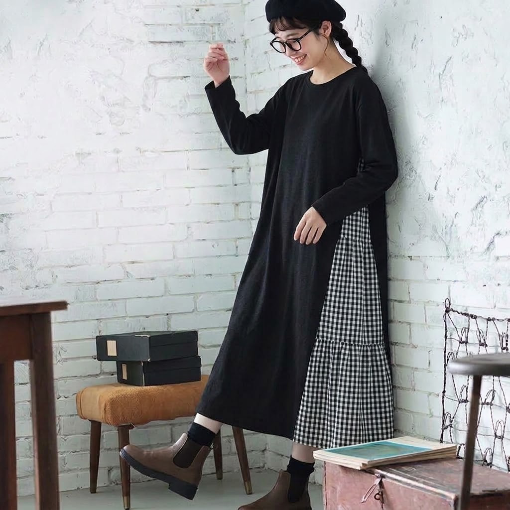 L-XL レトロ 切り替え チェック柄 ゆったり カジュアル 長袖 ワンピース L グレー