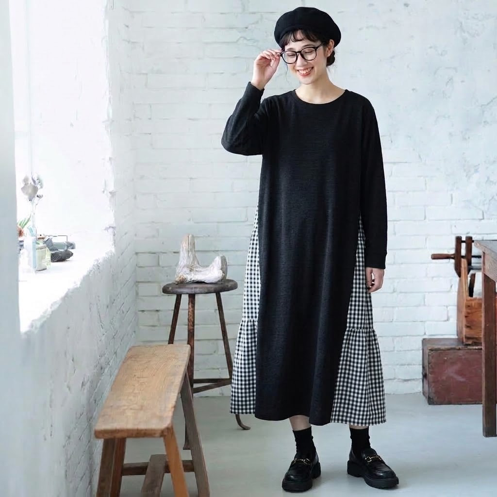 L-XL レトロ 切り替え チェック柄 ゆったり カジュアル 長袖 ワンピース XL ブラック