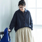 フリーサイズ シンプル 刺繍 ゆったり 秋適用 きれいめ 長袖 シャツ フリー ネイビー