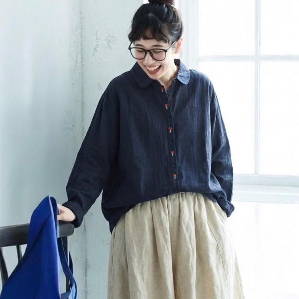 フリーサイズ シンプル 刺繍 ゆったり 秋適用 きれいめ 長袖 シャツ フリー ネイビー