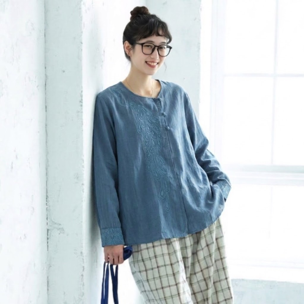 M-2XL チャイナ風 刺繍 ゆったり 体型カバー スルーシーズン きれいめ 長袖 シャツ 2XL ブルー