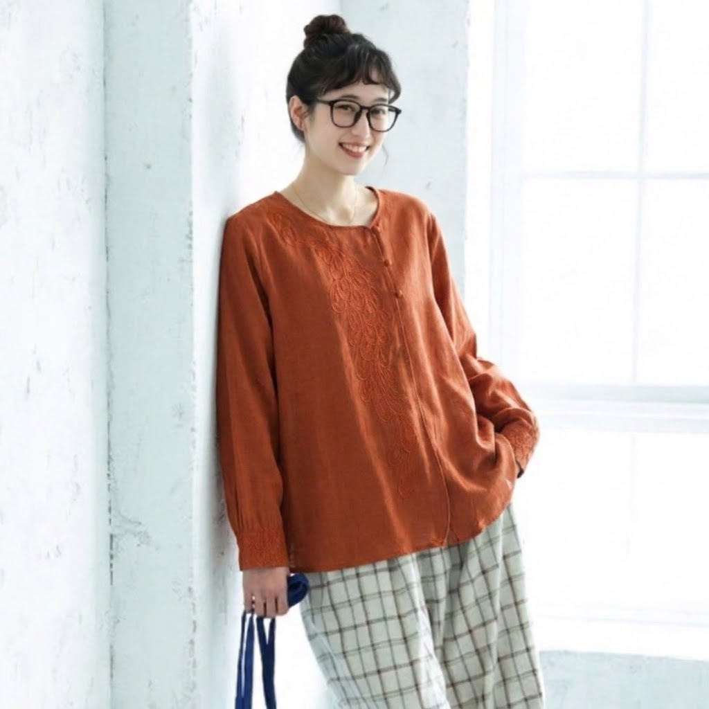M-2XL チャイナ風 刺繍 ゆったり 体型カバー スルーシーズン きれいめ 長袖 シャツ M ピンク