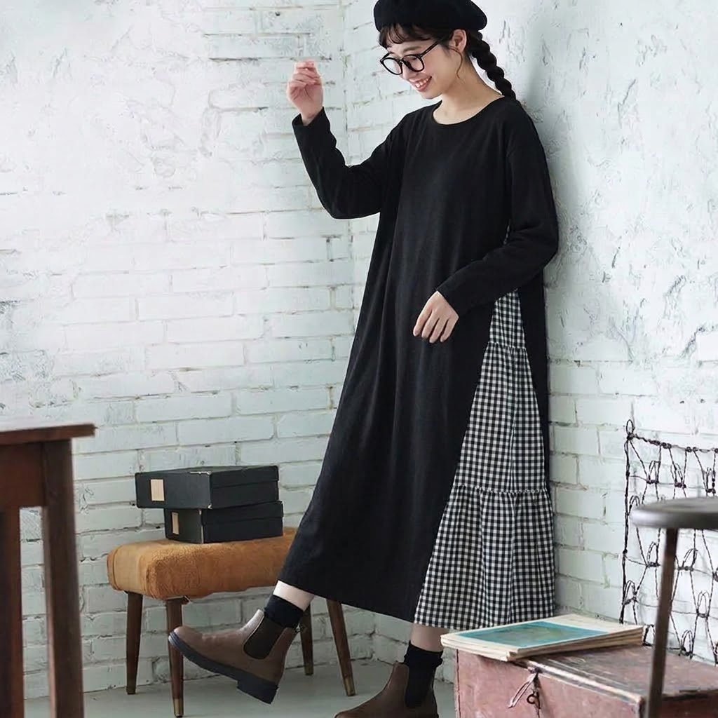 L-XL レトロ 切り替え チェック柄 ゆったり カジュアル 長袖 ワンピース L グレー