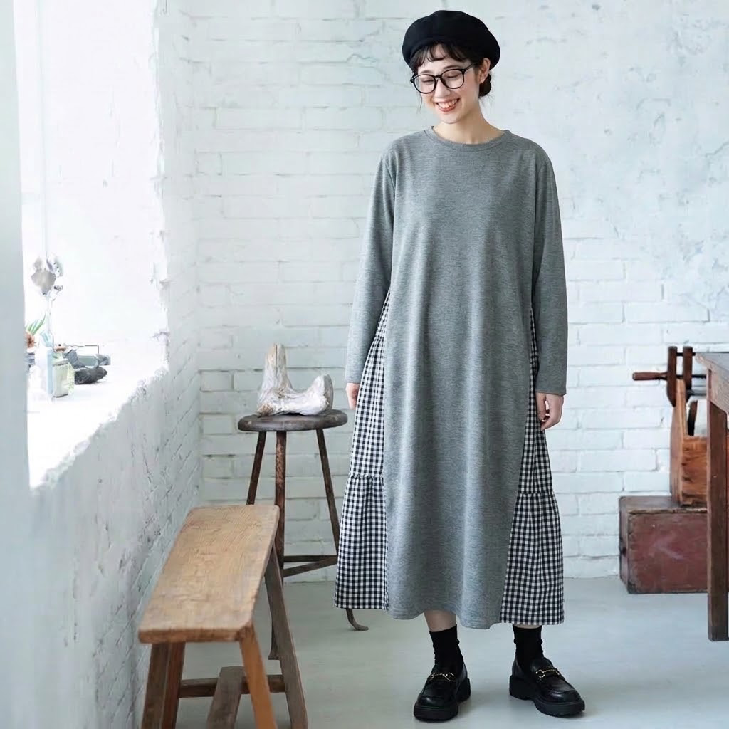 L-XL レトロ 切り替え チェック柄 ゆったり カジュアル 長袖 ワンピース XL グレー